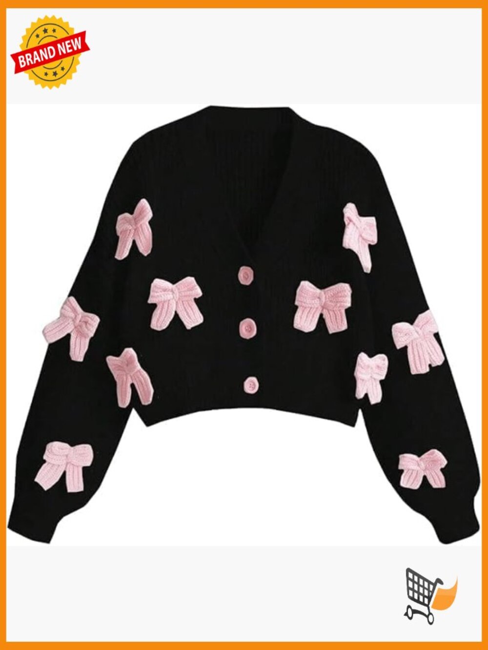 Chunky Knit Bow Cropped Cardigan Sweater Long Sleeve V Neck Loose Fit